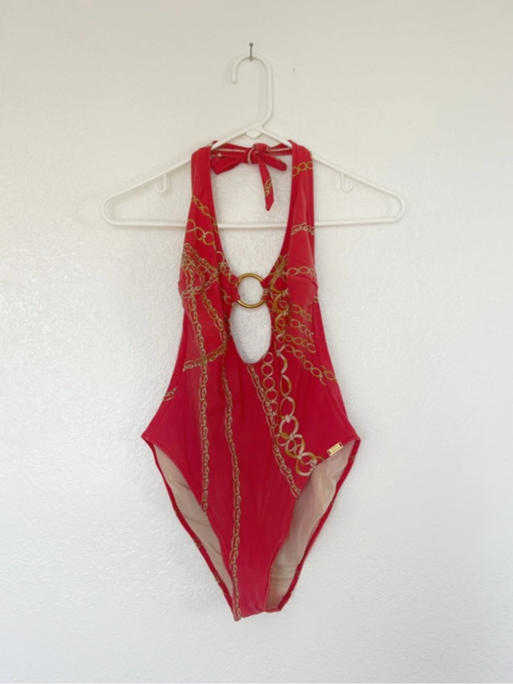 Maryan Mehlhorn Red One-Piece Swimsuit 70s Gold Chain Print Halter Being Suit 8
